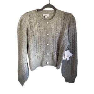 CeCe Women Light Heather Grey Cable Knit Heart Button Cardigan Sweater C475ASB
